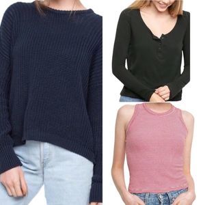 Brandy Melville 3 Piece Bundle Knit Sweater, 3 Button Long Sleeve Tee and Tank